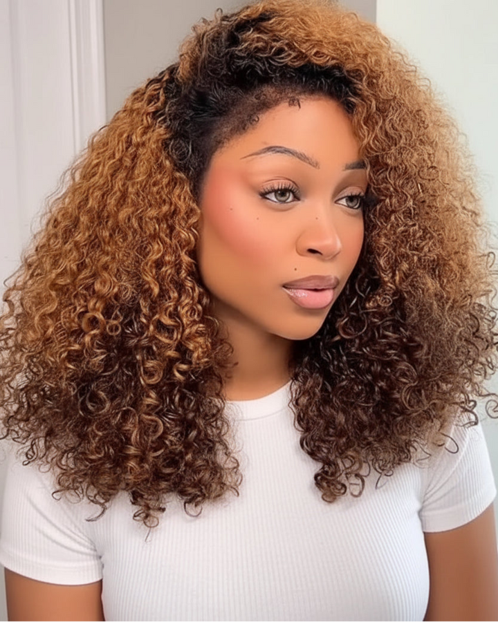 Eullair 360 Lace Wig - Ombre Brown 4C Kinky Curly Hair - Glueless Invisi-Strap Snug Fit & Pre-Plucked Natural Hairline
