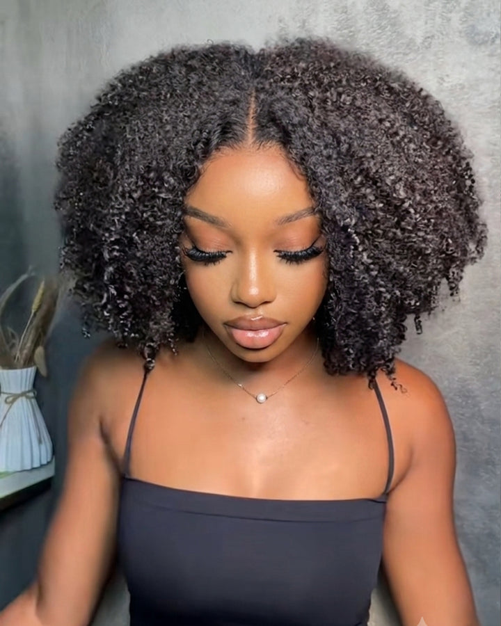 eullair 4B-4C Afro Kinky Curly No Leave Out No Gel V Part Wig With Elastic Drawstring Human Hair Wig Beginner Friendly