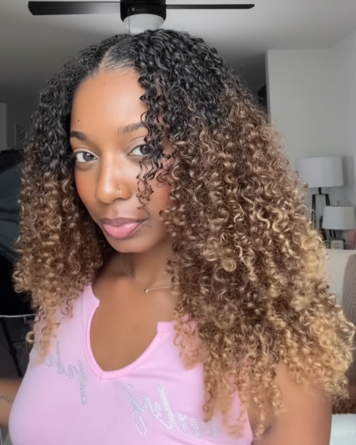 eullair Ombre #T1B/30/27 V Part Wigs Small Kinky Curly Machine Made  No Leave Out Human Hair Wig