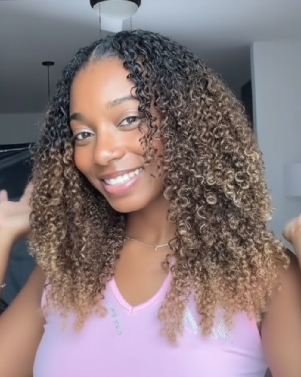 eullair Ombre #T1B/30/27 V Part Wigs Small Kinky Curly Machine Made  No Leave Out Human Hair Wig