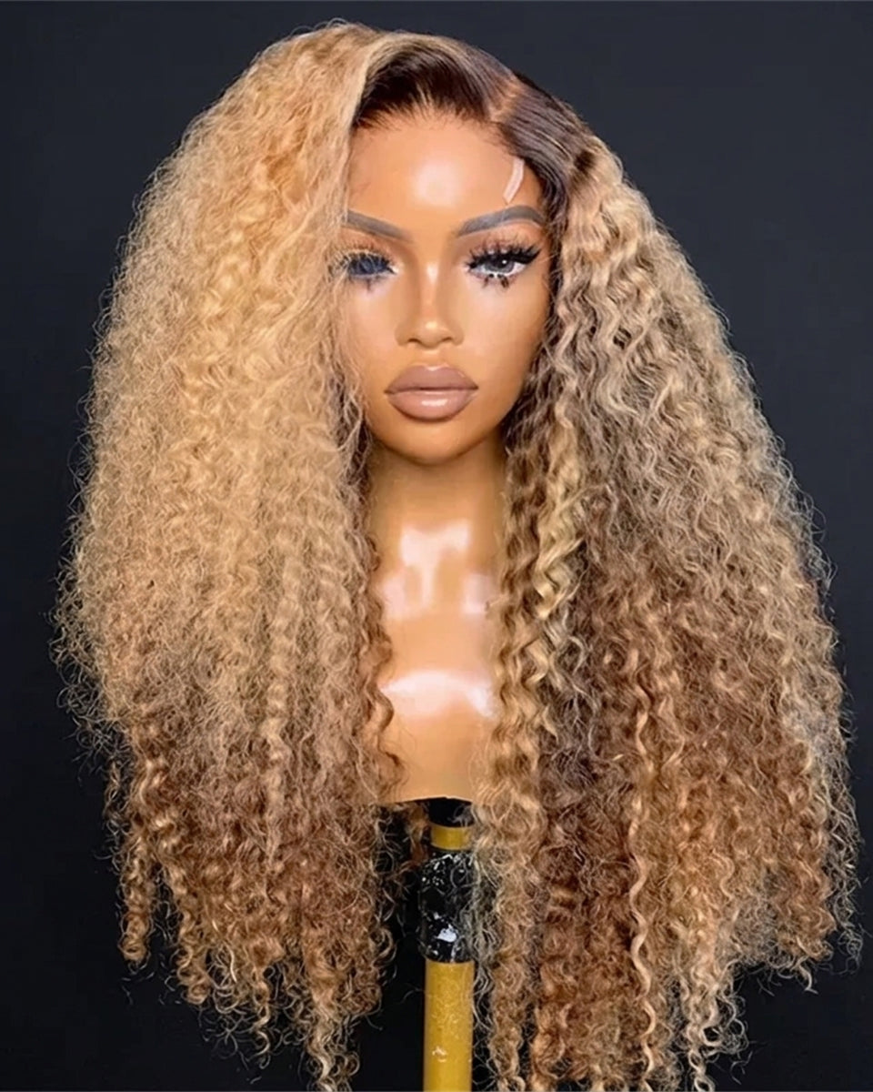 eullair Ombre Honey Blonde Kinky Curly Lace Frontal Wig Highlights Glueless Human Hair Lace Wigs