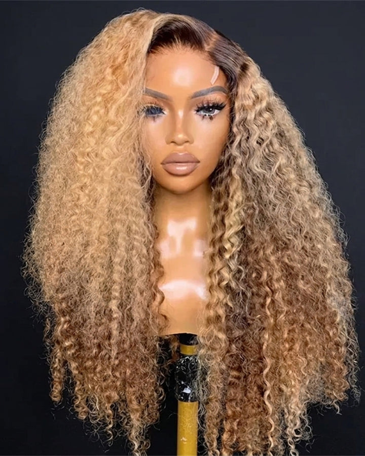 eullair Ombre Honey Blonde Kinky Curly Lace Frontal Wig Highlights Glueless Human Hair Lace Wigs