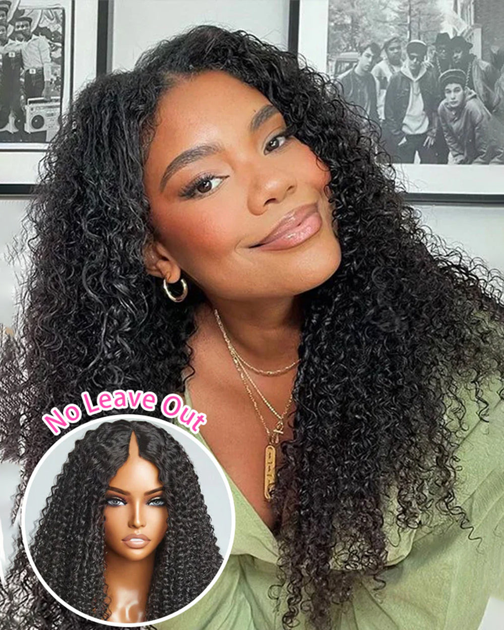 eullair No Leave Out No Gel Kinky Curly 3C-4A V Part Wig With Elastic Drawstring Human Hair Wig Beginner Friendly