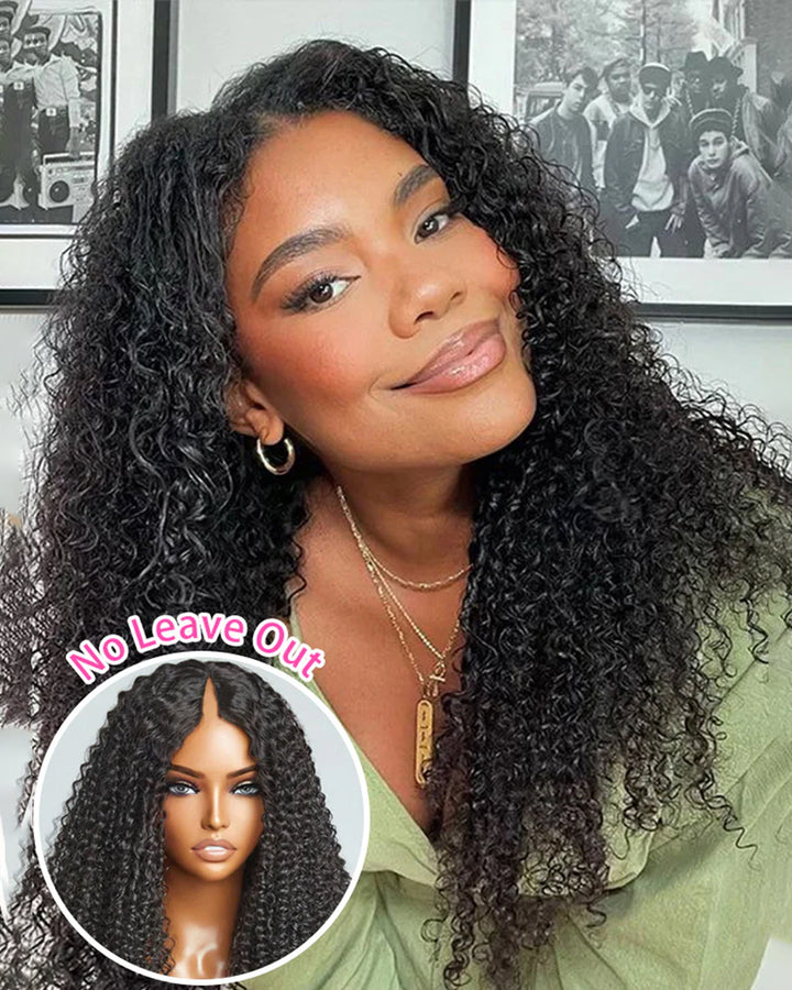 eullair No Leave Out No Gel Kinky Curly 3C-4A V Part Wig With Elastic Drawstring Human Hair Wig Beginner Friendly