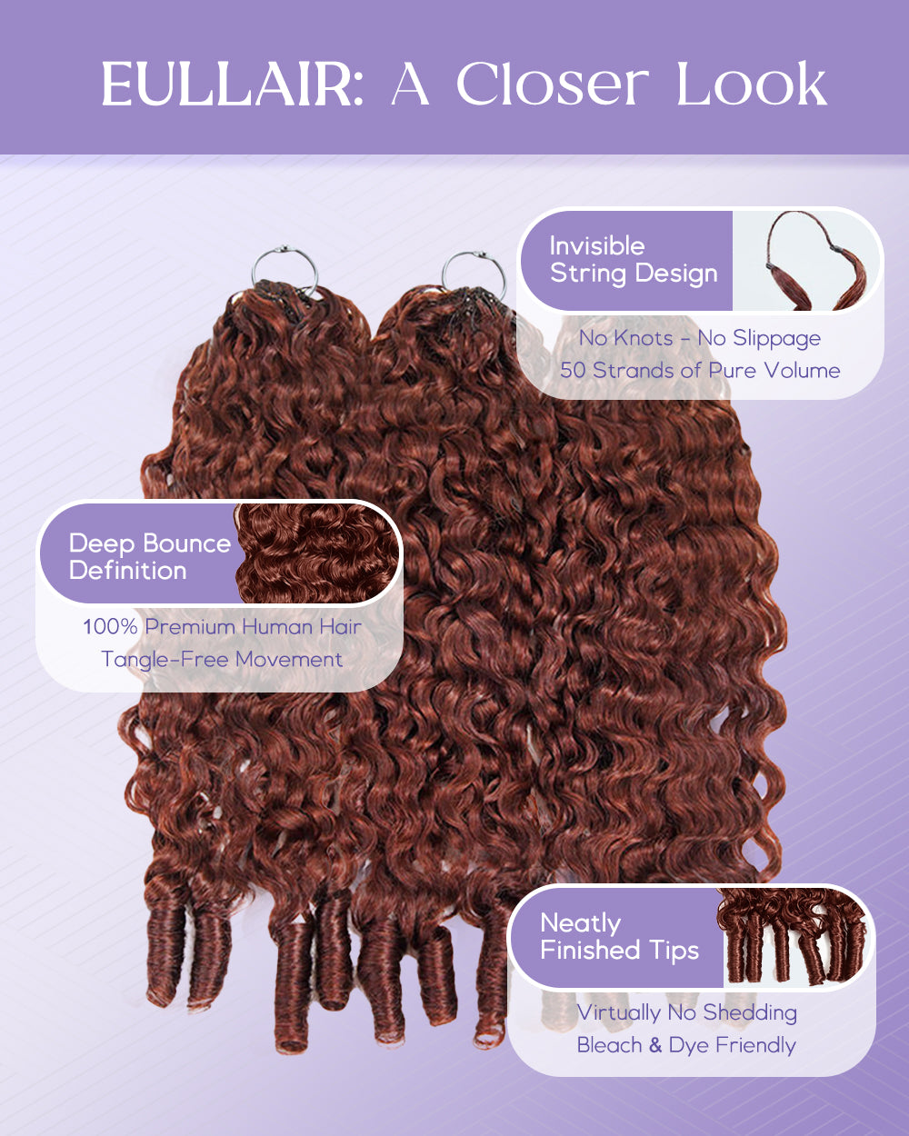 eullair 100% Human Hair Burmese Curly Crochet Hair - #33 Reddish Brown Boho Braids, Pre-Separated, Time-Saving