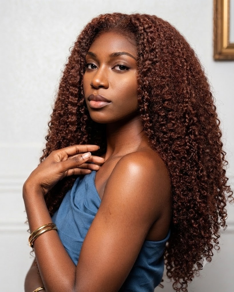 eullair #4 Brown 4C Edge Kinky Curly Lace Frontal & 360 Lace Wig Invisi Strap Snug Fit, Pre-Laid Flat