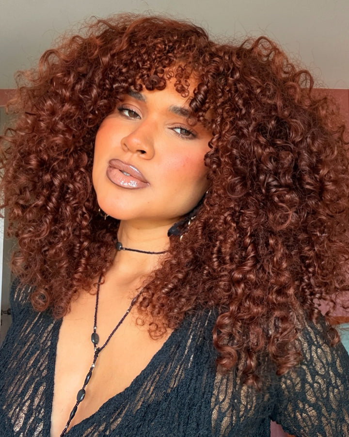 eullair Reddish Brown Burmese Curly V Part Wig 250% Density Auburn Brown Fluffy Curly No Leave Out