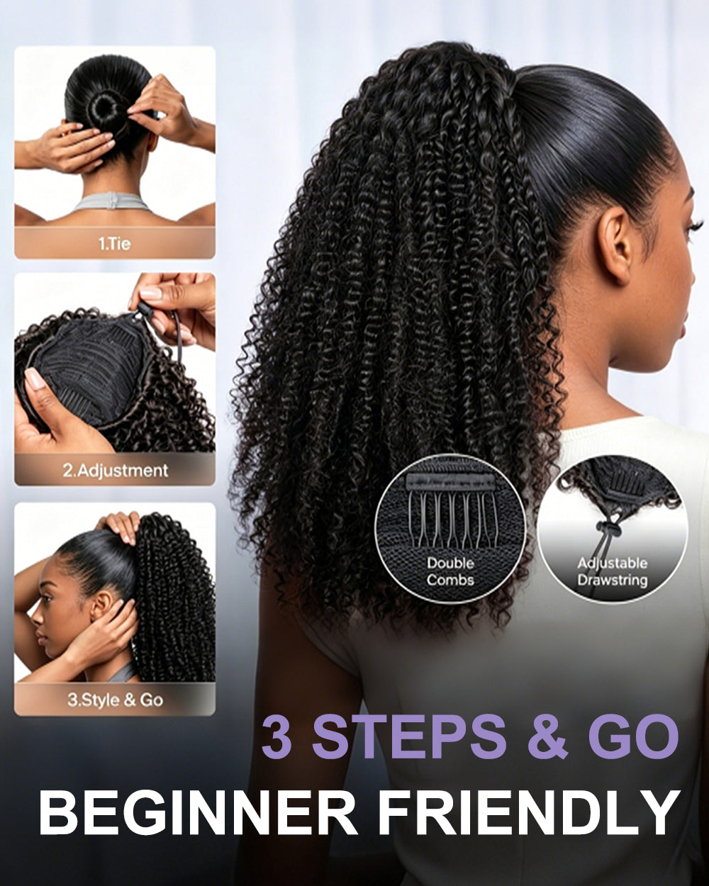 eullair Kinky Curly 3C-4A Human Hair Drawstring Ponytail Curly Hair Extensions For Black Women