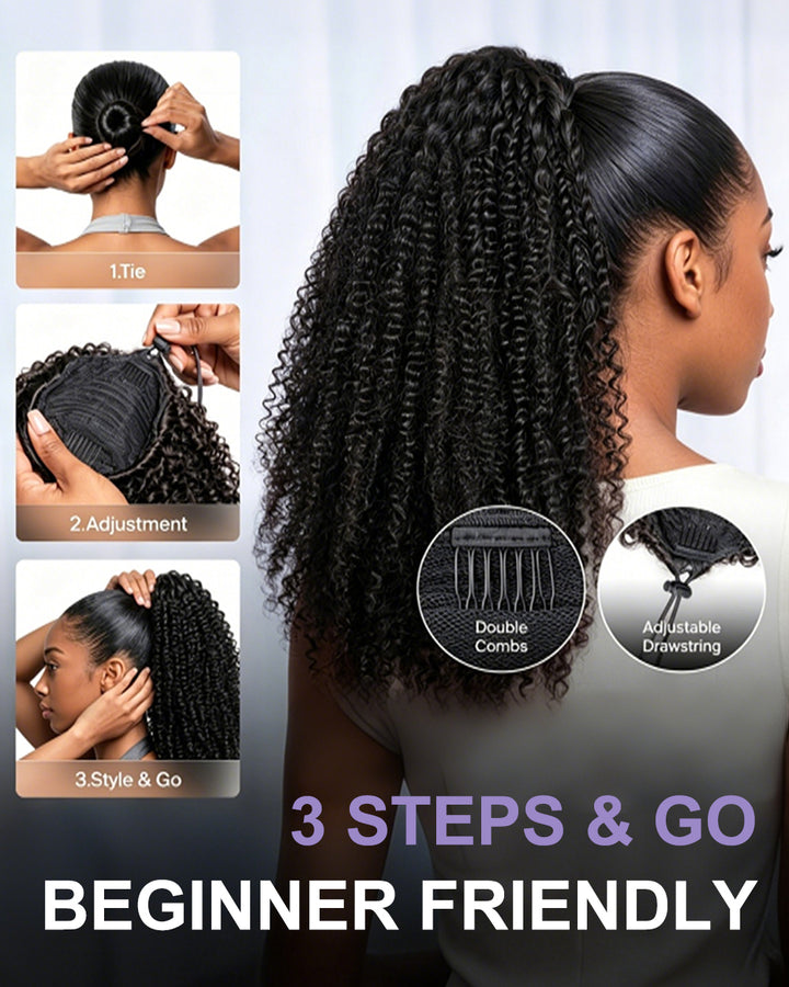 eullair Kinky Curly 3C-4A Human Hair Drawstring Ponytail Curly Hair Extensions For Black Women