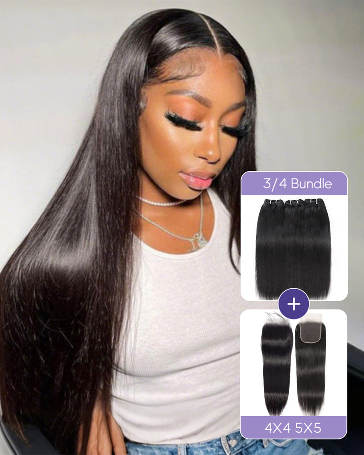 eullair Straight Raw Cambodian Hair Bundles Extensions 3/4 Pcs with 4x4 5x5 13x4 Closur/Frontal for Sew In Quick Weave Double Drawn Thick Ends Ultra-Flat Seamless Weft