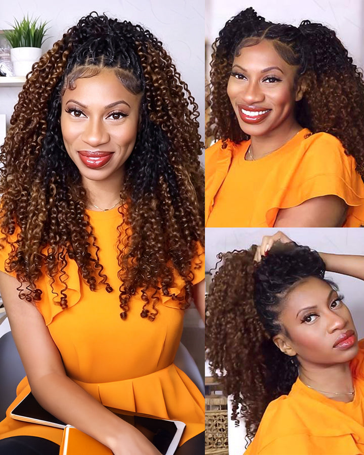 eullair T1B/30 Burmese Curly Crochet Hai 100% Human Hair r-Ombre Brown Boho Braids, Pre-Separated, Time-Saving