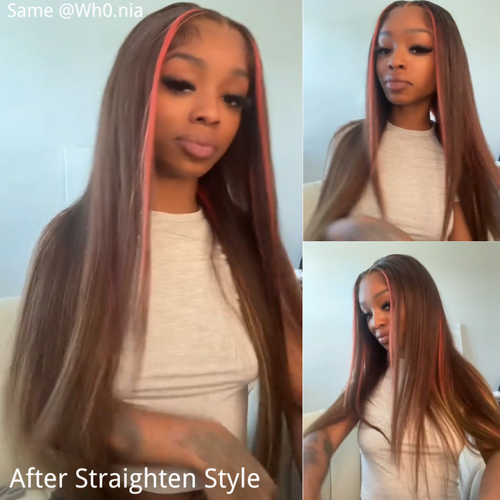 eullair Multi Colored Lace Front Wig Brown with Mixed Orange Yellow Human Hair Wig Body Wave Glueless Wig( EW009 )