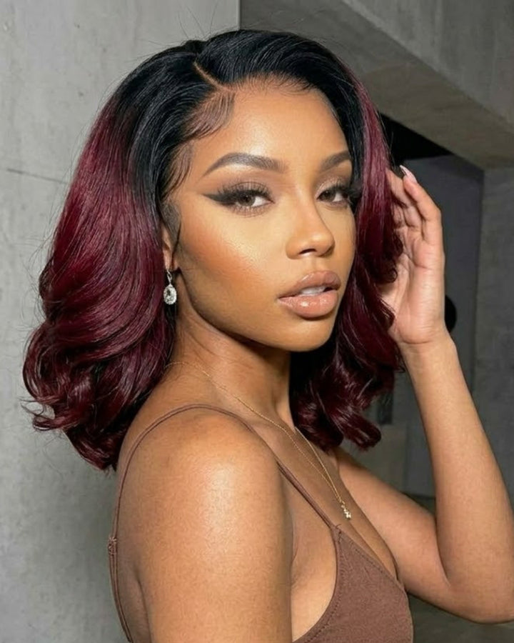 eullair Ombre Dark 99J  Burgundy Bob Wig Soft Layered 13x4 Lace Frontal Glueless Wig