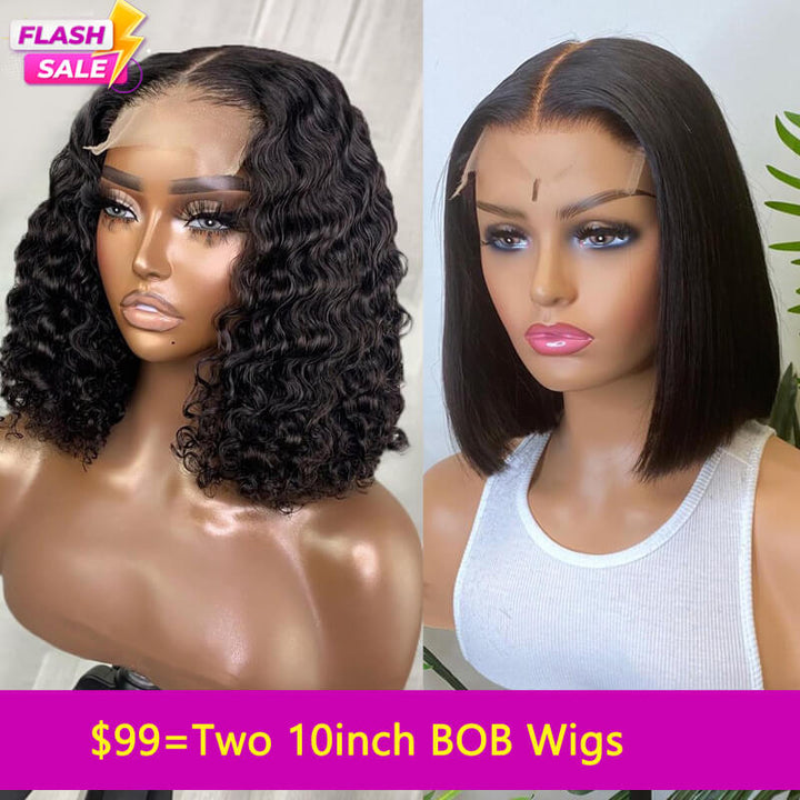 Flash Sale $99=2 Human Hair BOB Wig Staright/Water Wave 4x4 Lace Closure Wig