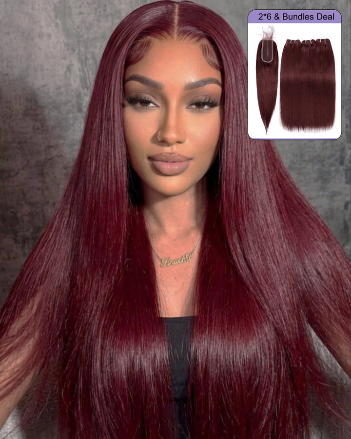 eullair 99J Burgundy Red Raw Hair Straight 3 Bundles with 2x6 Closure 100% Human Hair Bundles
