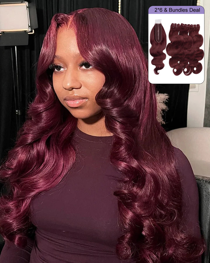 eullair 99J Burgundy Red Raw Hair Body Wave 3 Bundles with 2x6 Closure 100% Human Hair Bundles