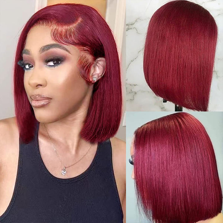 eullair Short BOB Wigs Straight Human Hair 13x4 Lace Frontal Wig Pre Colored Burgundy Highlight Wig For Women| Flash Sale