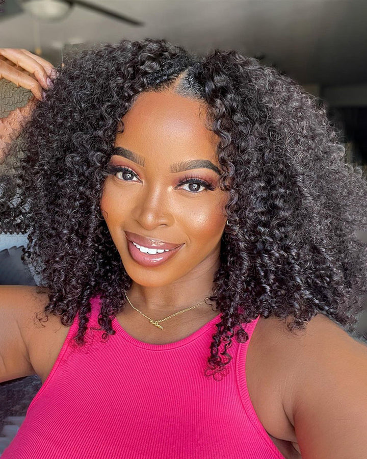 eullair No Leave Out No Gel Kinky Curly 3C-4A V Part Wig With Elastic Drawstring Human Hair Wig Beginner Friendly