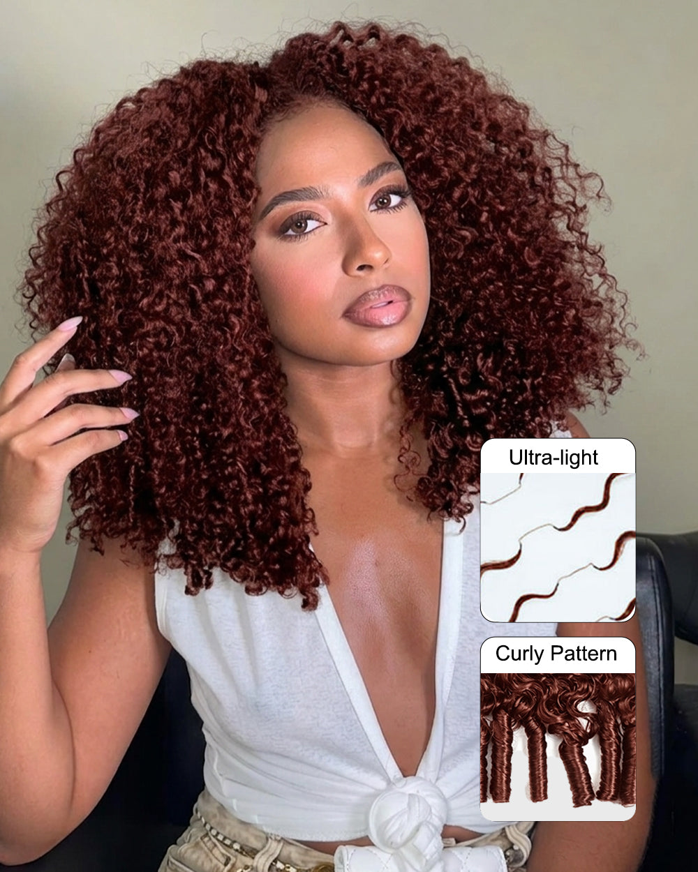 eullair 100% Human Hair Burmese Curly Crochet Hair - #33 Reddish Brown Boho Braids, Pre-Separated, Time-Saving