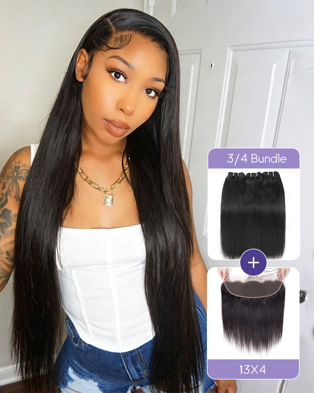 eullair Straight Raw Cambodian Hair Bundles Extensions 3/4 Pcs with 4x4 5x5 13x4 Closur/Frontal for Sew In Quick Weave Double Drawn Thick Ends Ultra-Flat Seamless Weft