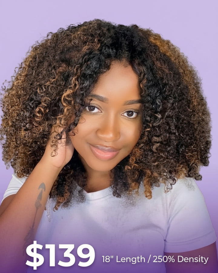 eullair Brown Highlight Kinky Curly V Part Wig Soft Full Volume Human Hair Easy Natural Blend Beginner Friendly Wigs