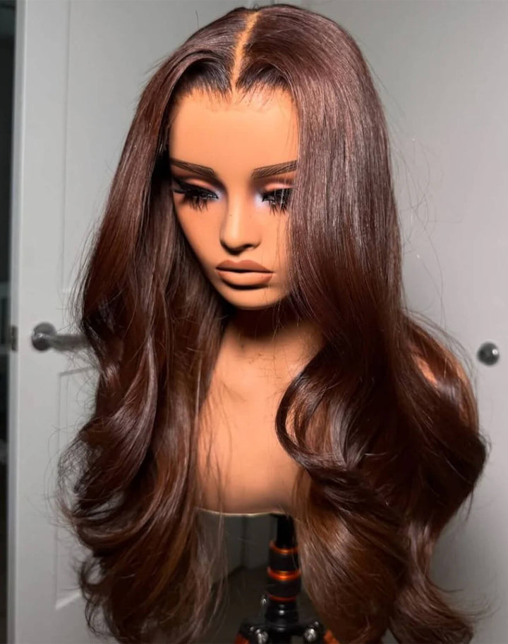 eullair Auburn Brown Color Wig Long Wavy 9x6 Deep Parting Glueless Wigs 250% Density