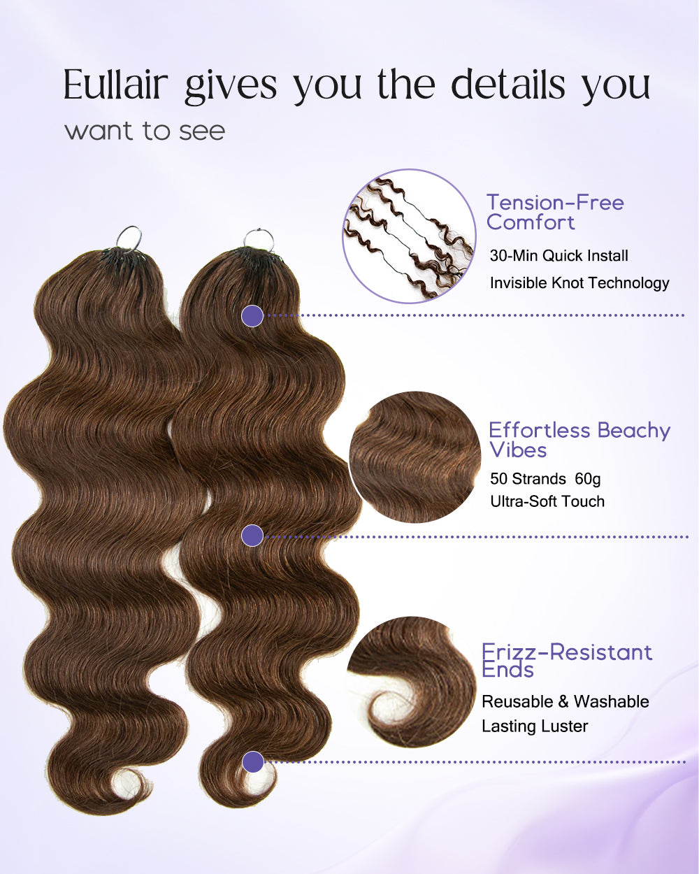eullair #4 Chocolate Brown Body Waver Crochet Hair Soft Lightweight for Miracle Knots 60G/50Strands