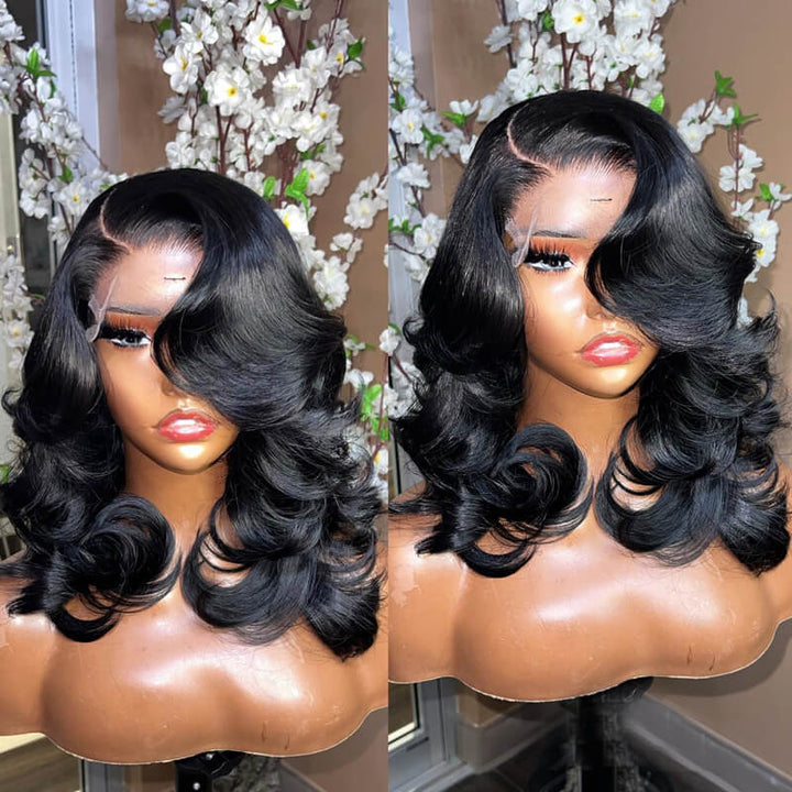 eullair Hairstylist Inspired Butterfly Layered Cut Loose Body Wave Wig With Curtain Bangs Human Hair Pre Cut Lace Front Wig