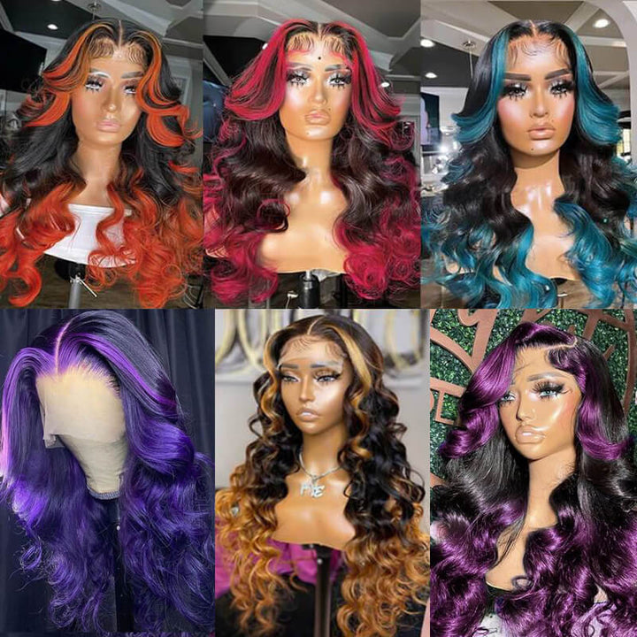 eullair Colored Skunk Stripe Ombre Highlight Body Wave 13x4 Lace Frontal Human Hair Wigs