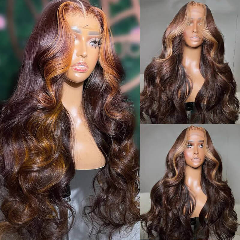 eullair Dark Brown Body Wave Wig with Honey Blonde Highlights Skunk Stripe Lace Frontal Wig