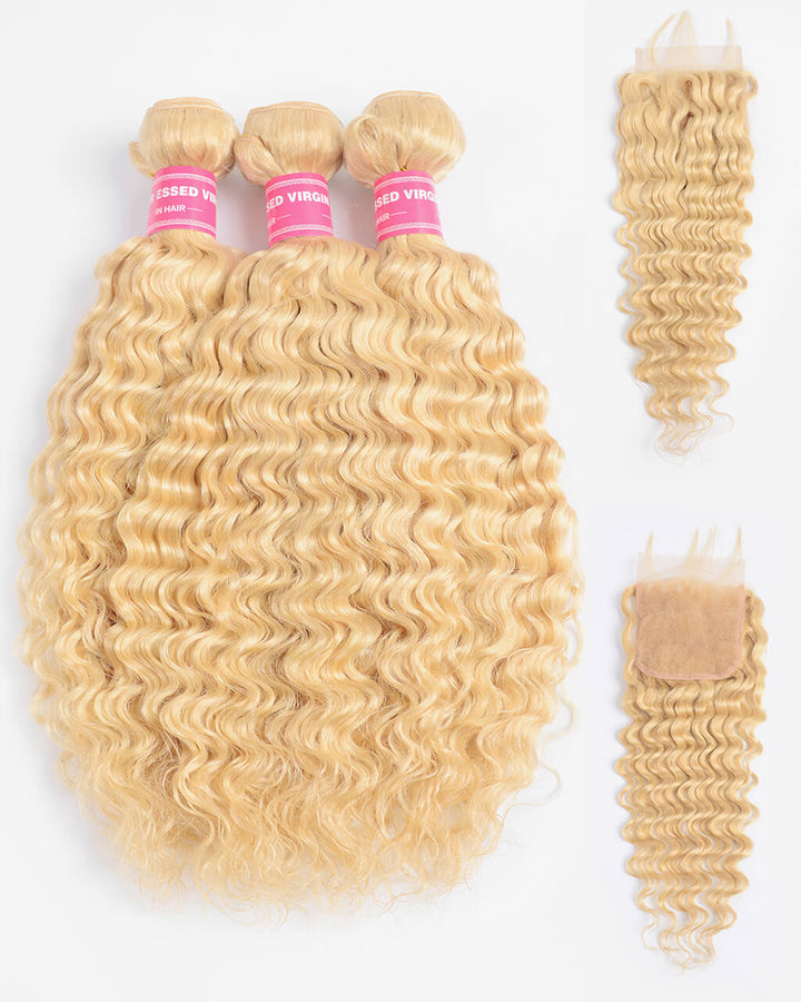 eullair 613 Blonde Deep Wave Hair Extensions 3 Bundles With Lace Closure Premium Virgin Human Hair