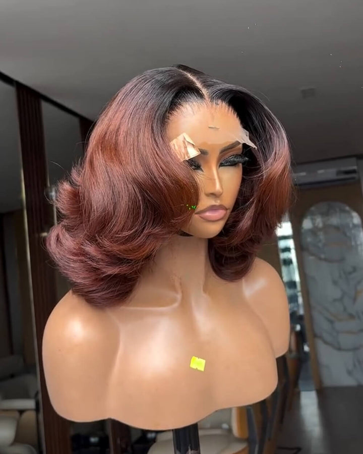 eullair Copper Brown Layered Bob Wig 13x4 Lace Frontal Body Wave Human Hair Wig With Black Roots