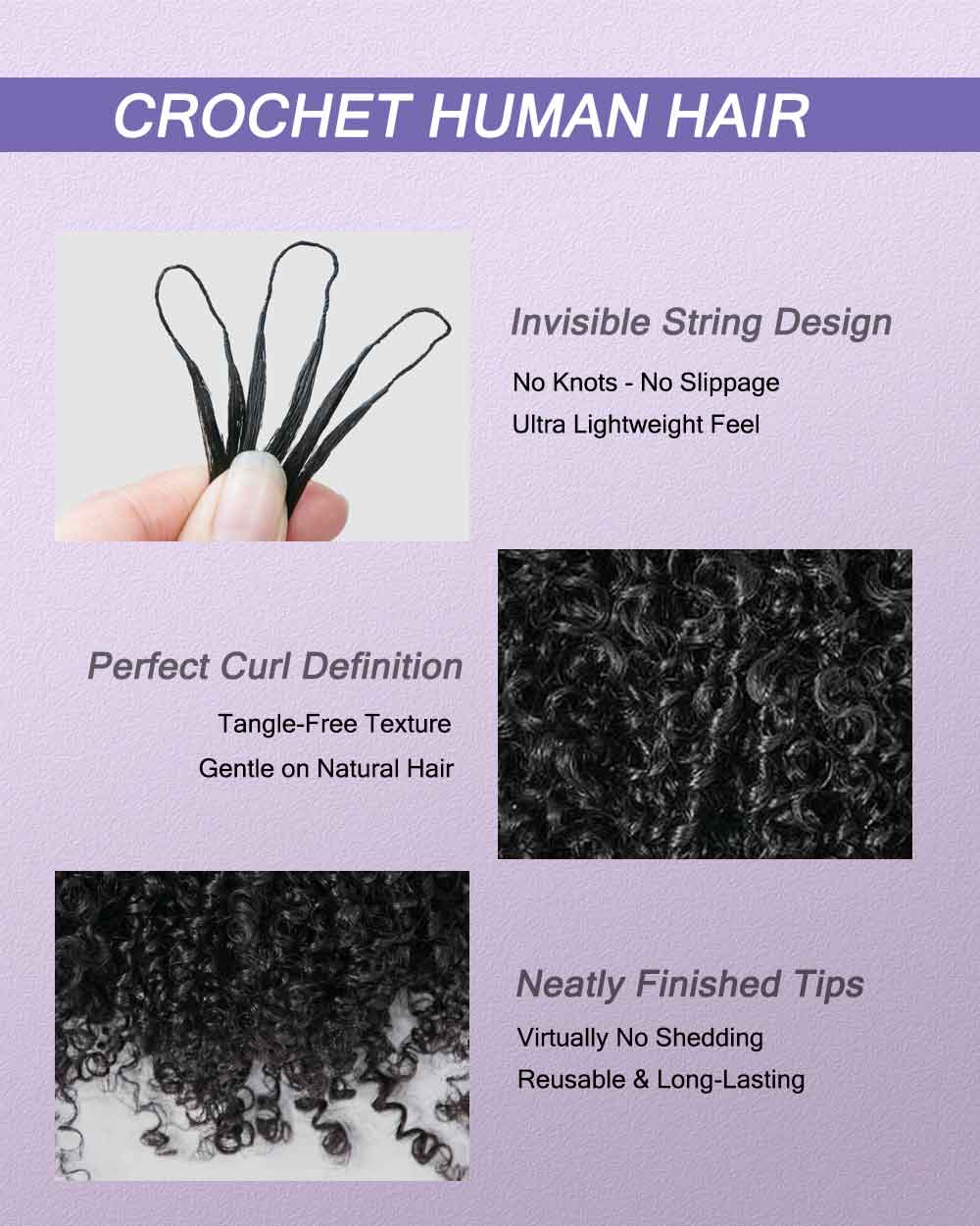 eullair Feather Crochet Curly Hair - 3C-4A Kinky Coily 100% Human Hair Pre-Looped