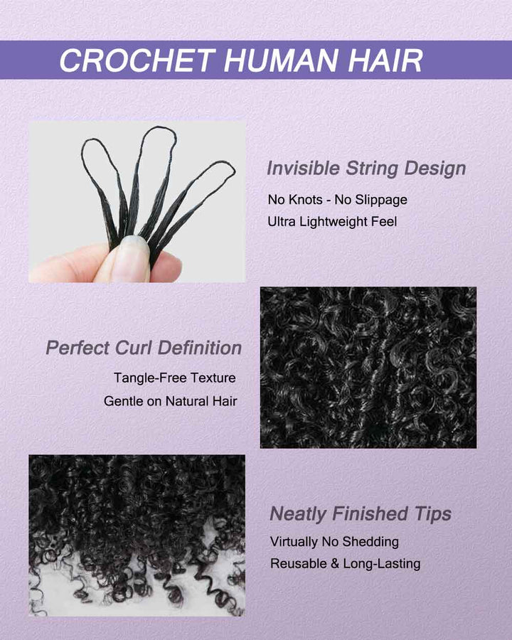 eullair Feather Crochet Curly Hair - 3C-4A Kinky Coily 100% Human Hair Pre-Looped