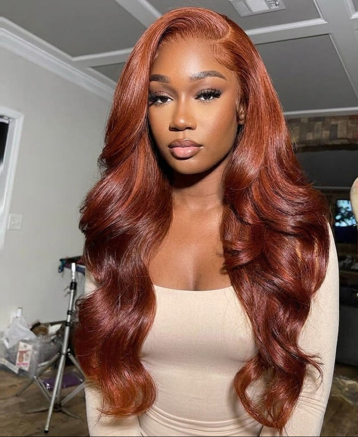 eullair Flawless Gorgeous Ombre Coral Orange Cooper Brown Body Wave Human Hair Wig Sunset Cooper Brown Lace Frontal Wig
