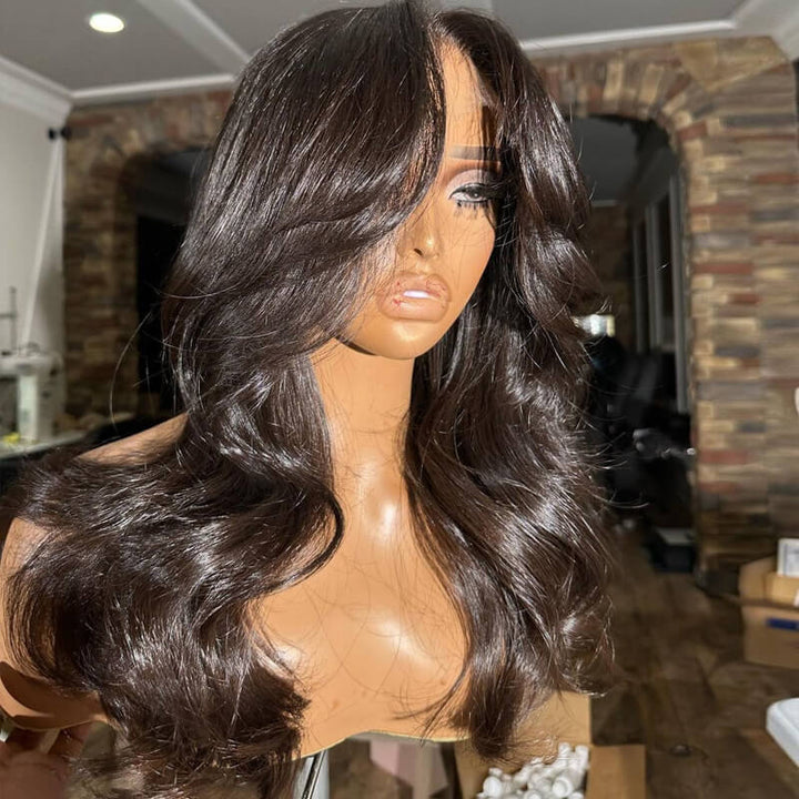 TikTok Inspired Layered Cut Wavy With Butterfly Curtain Bangs eullair Blow Out Body Wave Pre Cut Lace Human Hair Wig