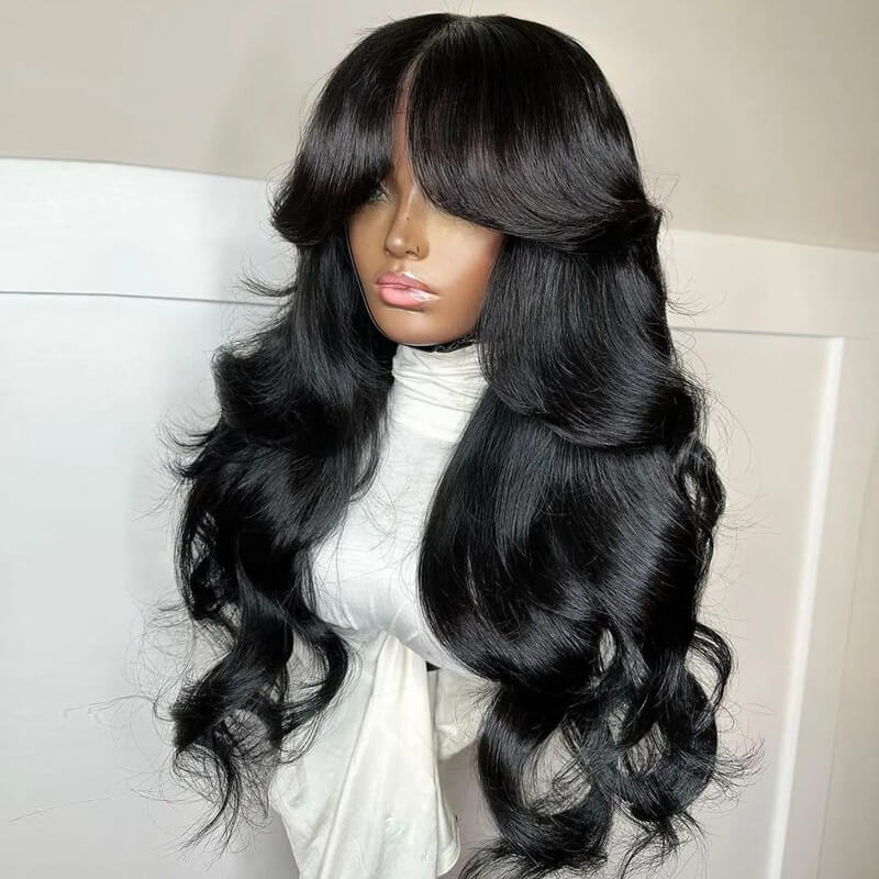 TikTok Inspired Layered Cut Wavy With Butterfly Curtain Bangs eullair Blow Out Body Wave Pre Cut Lace Human Hair Wig