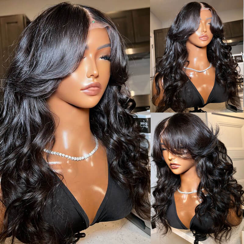 Inspired Layered Cut Loose Wave Wig With Curtain Bangs eullair Loose Wave Pre Cut Lace Human Hair Wig