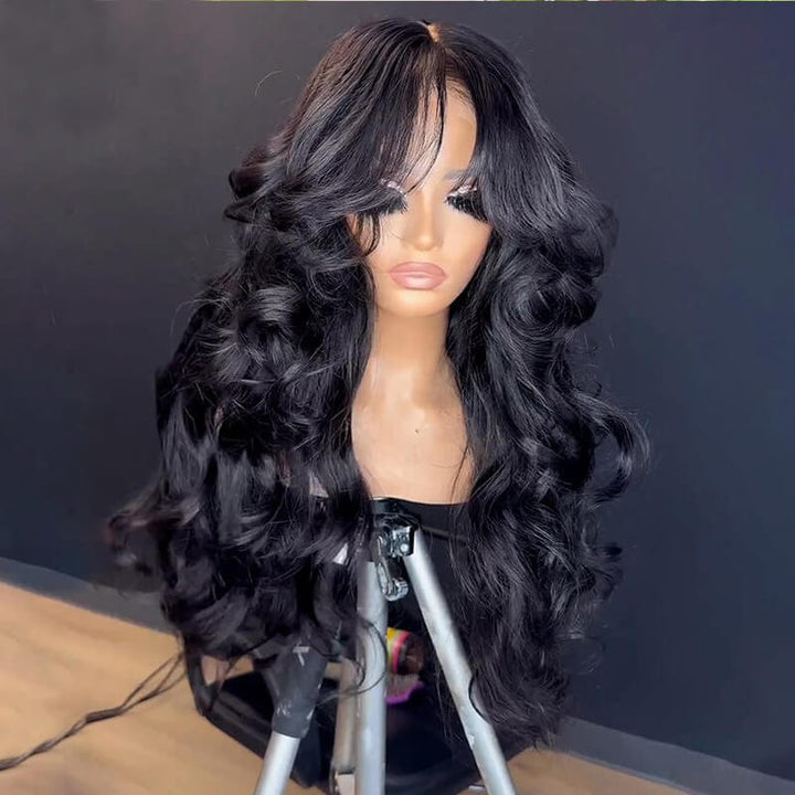 Hairstylist Inspired eullair Butterfly Layered Cut Natural Wave Wig With Curtain Bangs Pre Cut Lace Front Human Hair Wig High Density
