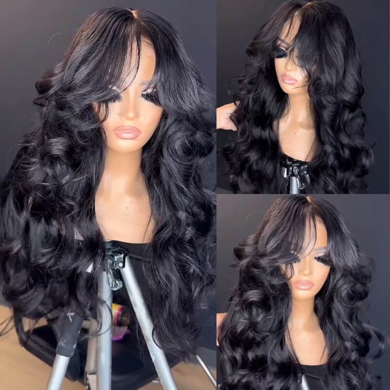 Hairstylist Inspired eullair Butterfly Layered Cut Natural Wave Wig With Curtain Bangs Pre Cut Lace Front Human Hair Wig High Density