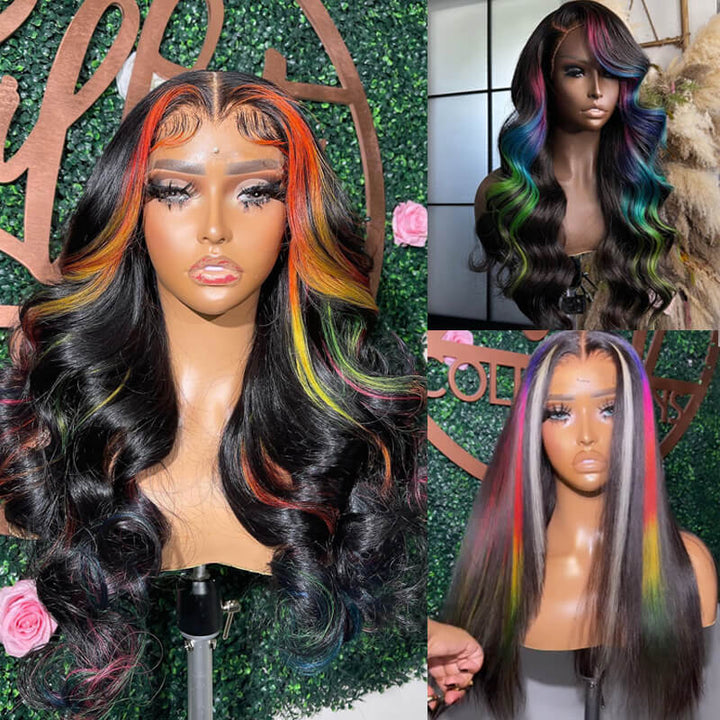 eullair Multi Colored Peakaboo Highlights Straight Human Hair Wig Pink Purple Blue Green Body Wave Lace Frontal Wigs Pre Plucked 180%