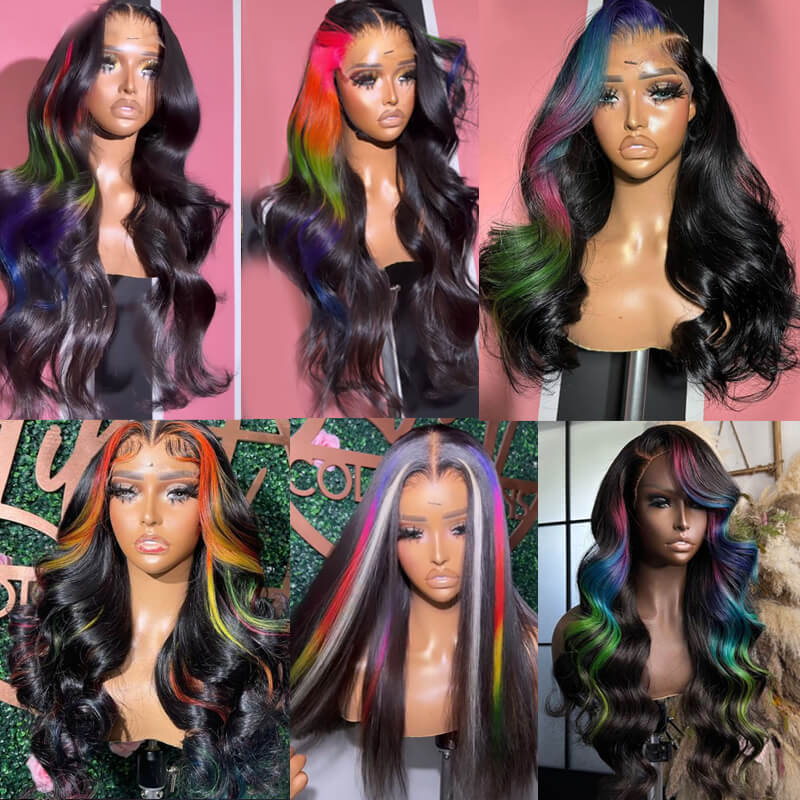 eullair Multi Colored Peakaboo Highlights Straight Human Hair Wig Pink Purple Blue Green Body Wave Lace Frontal Wigs Pre Plucked 180%