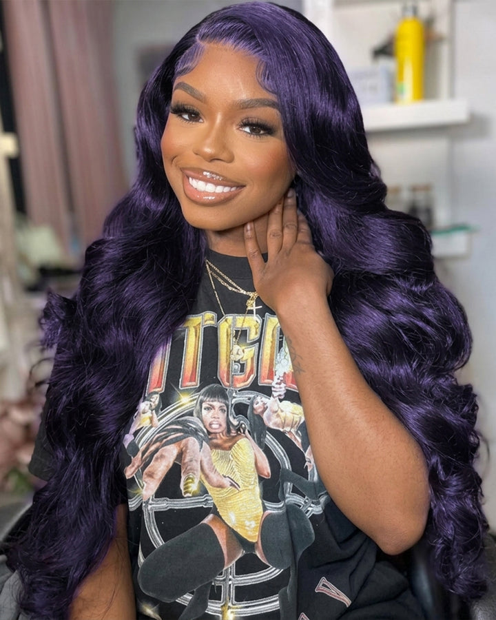 New! eullair Affordable Dark Purple Glueless Body Wave Lace Frontal Wig for Brown Skin Women