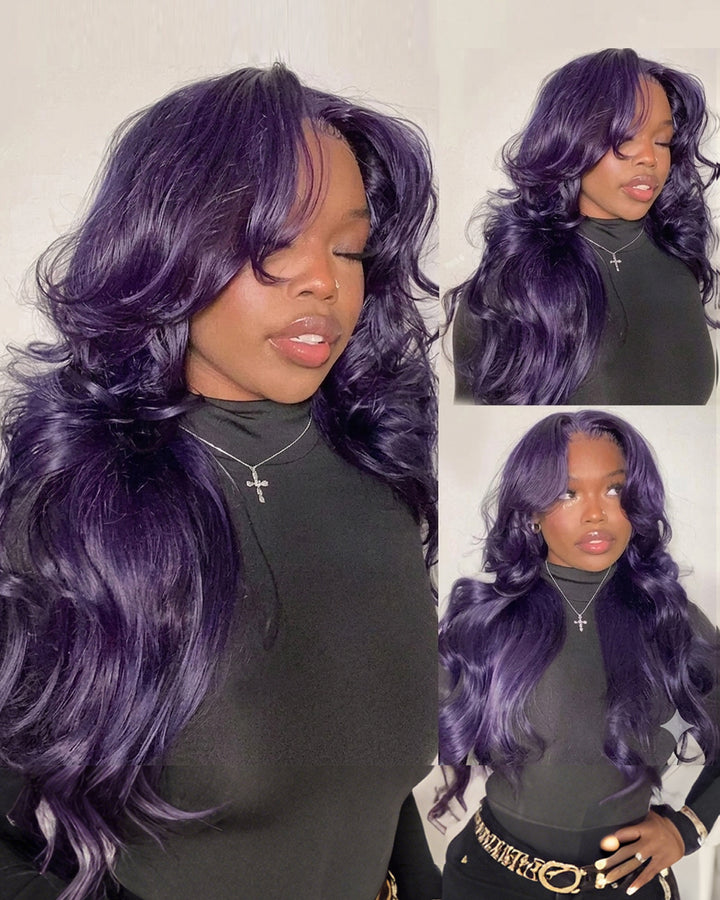 New! eullair Affordable Dark Purple Glueless Body Wave Lace Frontal Wig for Brown Skin Women