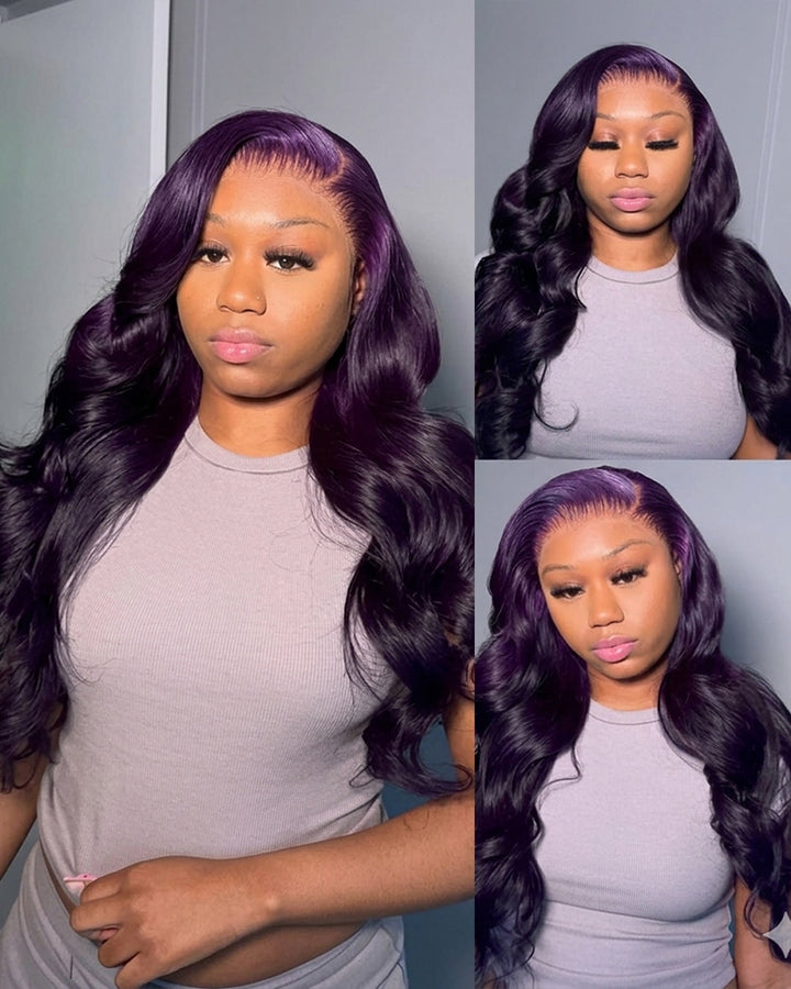 New! eullair Affordable Dark Purple Glueless Body Wave Lace Frontal Wig for Brown Skin Women