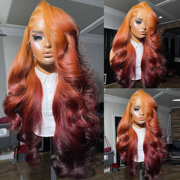 eullair Flawless Gorgeous Ombre Coral Orange Cooper Brown Body Wave Human Hair Wig Sunset Cooper Brown Lace Frontal Wig