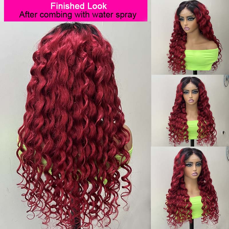 eullair Ombre 1b Bright 99J Burgundy Loose Wave Wig Colored Lace Frontal Human Hair Wigs For Women