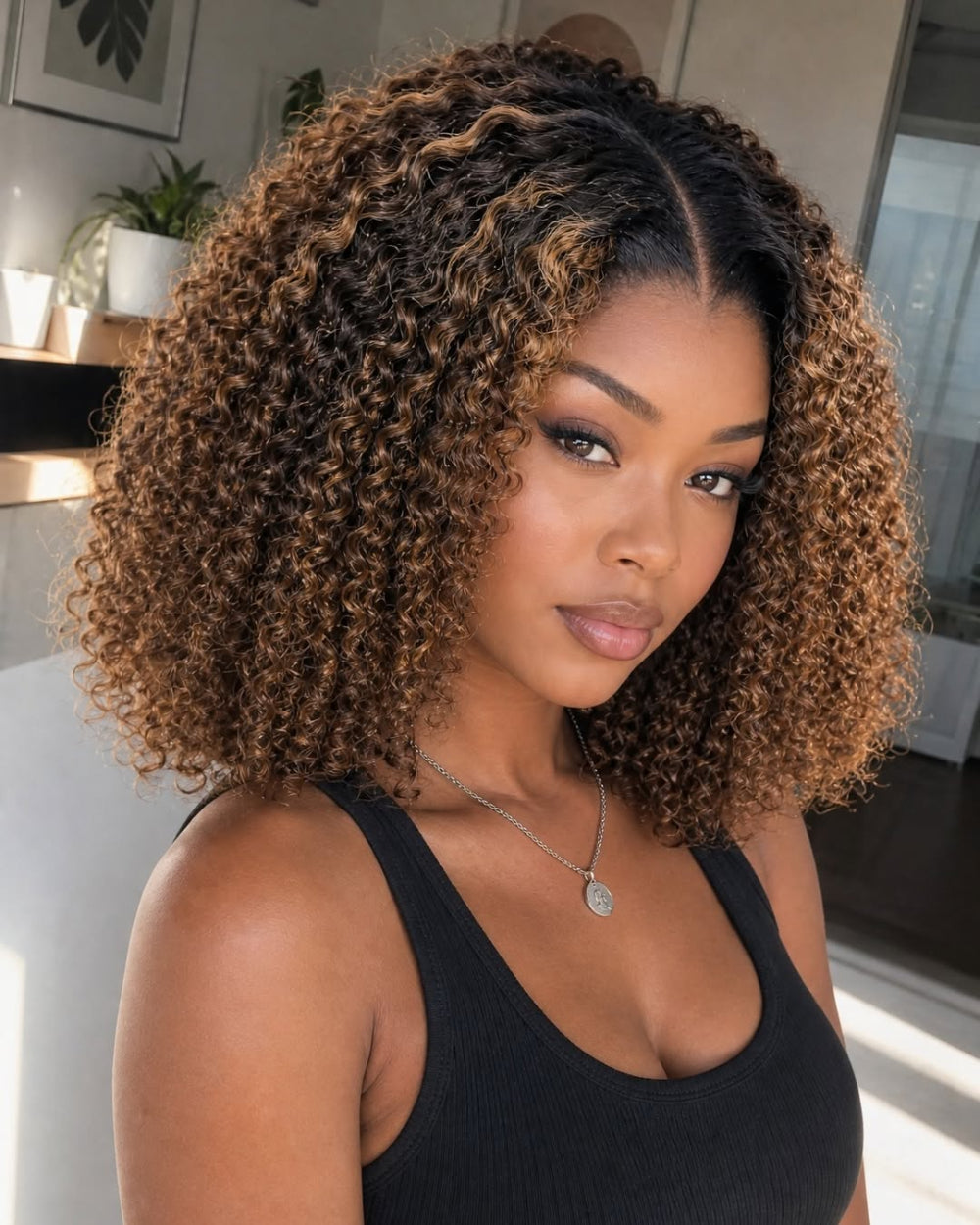 eullair Ombre Brown Kinky Curly BOB Wig Short Curly Human Hair Bob Wigs  Lace Frontal Human Hair Wigs For Girls