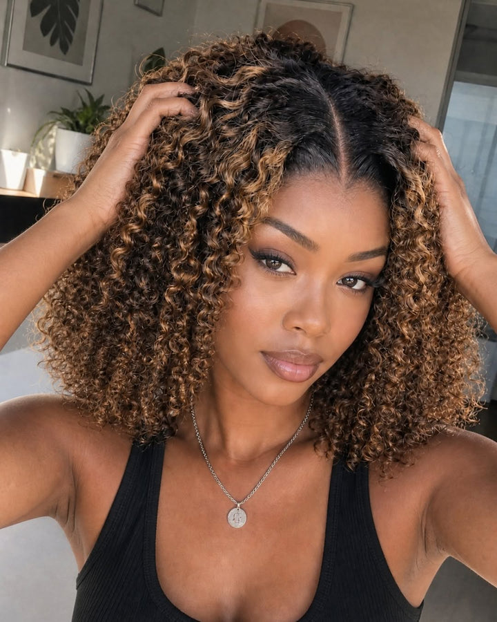 eullair Ombre Brown Kinky Curly BOB Wig Short Curly Human Hair Bob Wigs  Lace Frontal Human Hair Wigs For Girls