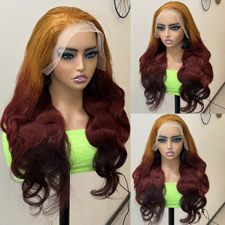 eullair Flawless Gorgeous Ombre Coral Orange Cooper Brown Body Wave Human Hair Wig Sunset Cooper Brown Lace Frontal Wig